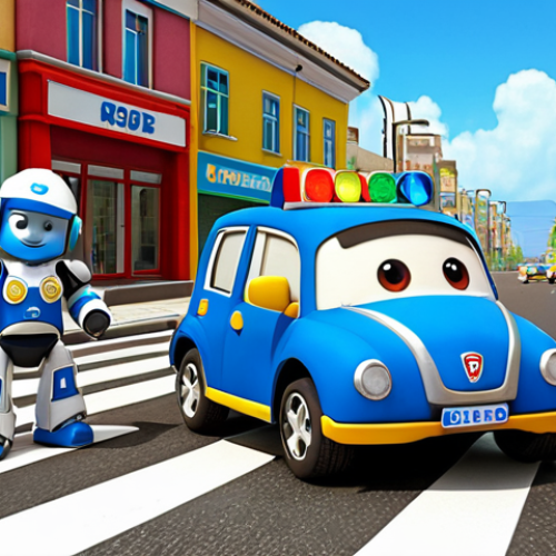 Home 18 **Image Prompt:** Robocar Poli and his team teaching children about road safety. The scene should depict a realistic street setting with traffic lights, crosswalks, and children learning how to cross the road safely. The atmosphere should be bright, cheerful, and educational, showcasing the importance of traffic rules. Include visual cues like safety belts and helmets.