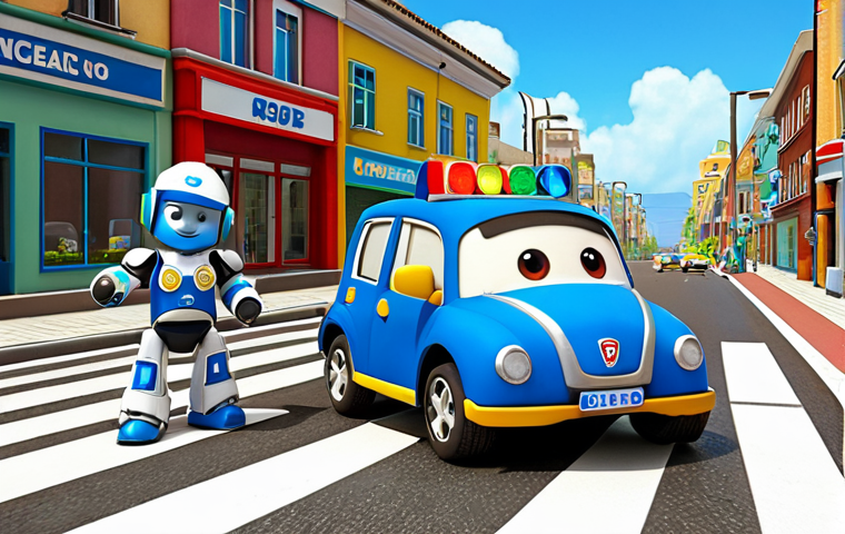 **Image Prompt:** Robocar Poli and his team teaching children about road safety. The scene should depict a realistic street setting with traffic lights, crosswalks, and children learning how to cross the road safely. The atmosphere should be bright, cheerful, and educational, showcasing the importance of traffic rules. Include visual cues like safety belts and helmets.