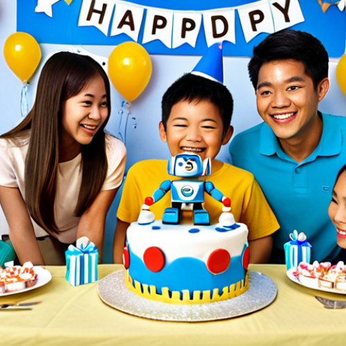 Home 17 ** A vibrant birthday party scene. A young Thai boy is beaming as he looks at a Robocar Poli cake. His family surrounds him, smiling. The scene is filled with colorful decorations, presents, and the atmosphere is joyous.
**